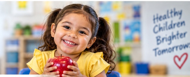 Smiling child holding an apple