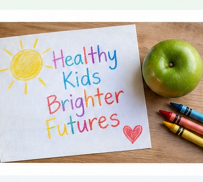 Healthy Kids Brighter Futures artwork with apple and crayons